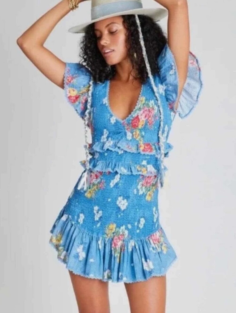 LoveShackFancy Sonora Smocked Ruffle Mini Dress in Blue Size S/M
